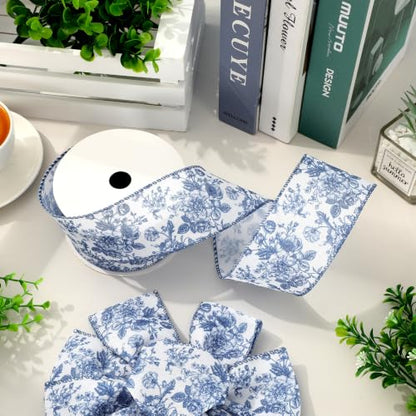 AnyDesign Blue and White Floral Wired Ribbon