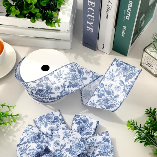 Floral Wired Edge Ribbon Vintage Flower Craft Ribbon Blue Chinoiserie Decorative Fabric Ribbons for DIY Crafts Wreath Bow Making