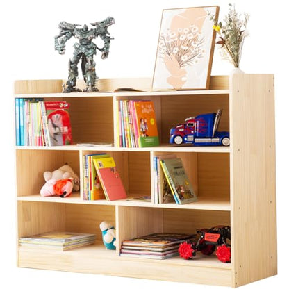 Wooden 7 Compartment Storage Cabinet Organizer Kids 3 Tier Wood Bookshelf School Storage Shelf Classroom Furniture for Kids Natural