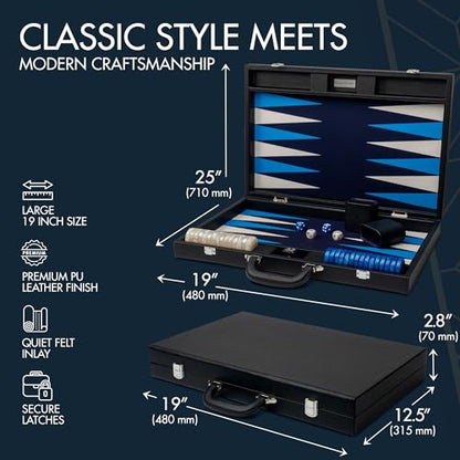 19 Inch Premium Backgammon Sets for Adults Leather Black