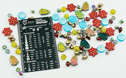 2.1oz (60g) of Christmas Czech Glass Bead Mix 2024 with Trees, Melons, Snowflakes and Faceted Beads, Dark Green Yellow Xmas (2.1164 Ounce)
