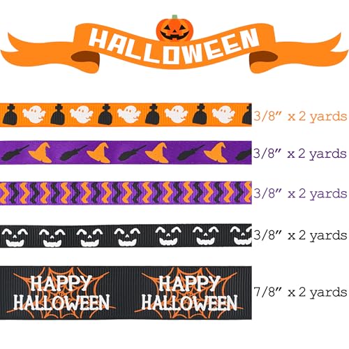 3 8 inch 1 inch Halloween Ribbon Set Spooky October Ribbon Assortment 5 Rolls 10 Yards Halloween Crafts (30 Foot)