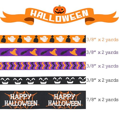 3 8 inch 1 inch Halloween Ribbon Set Spooky October Ribbon Assortment 5 Rolls 10 Yards Halloween Crafts (30 Foot)