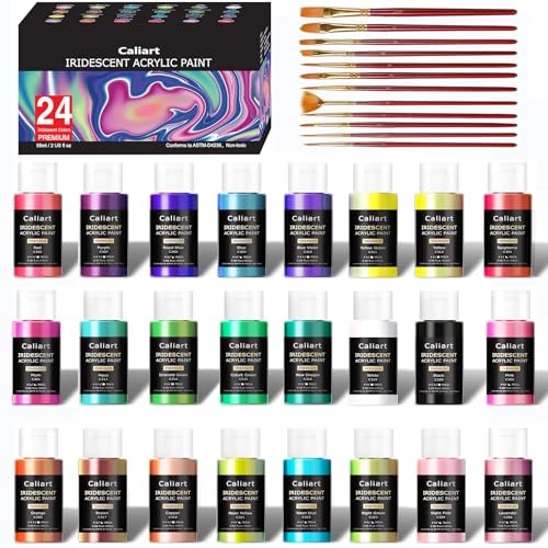 24 Chameleon Colors Iridescent Acrylic Paint Set with 12 Brushes ﻿ (48 Fl Oz)