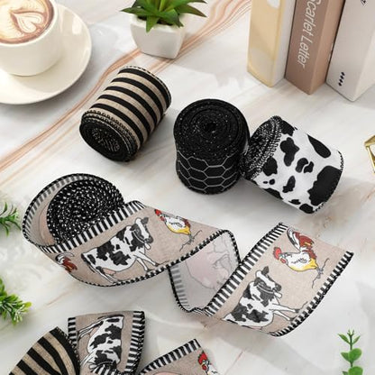 Farmhouse Animal Wired Edge Ribbons Cow Chick Pig Stripe Chicken Wire Decorative Fabric Wrapping Ribbons for DIY Crafts Wreath Bow Making Supplies (4 Count)