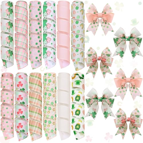 12 Rolls St Patrick's Day Wired Edge Ribbon Lucky Charm Pink Shamrock Print Clover Fabric Grosgrain Wrapping Ribbon for Bow Wreath Party Home Decor 12 Styles (12 Count)