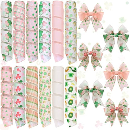 12 Rolls St Patrick's Day Wired Edge Ribbon Lucky Charm Pink Shamrock Print Clover Fabric Grosgrain Wrapping Ribbon for Bow Wreath Party Home Decor 12 Styles (12 Count)