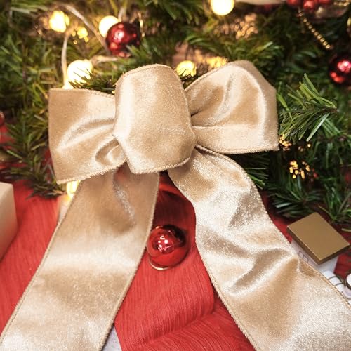 Champagne Gold Velvet Ribbon 2.5 Inch x 10 Yards for Christmas Tree Topper Home Decoration Wreath Gift Wrapping DIY Craft (30 Foot)