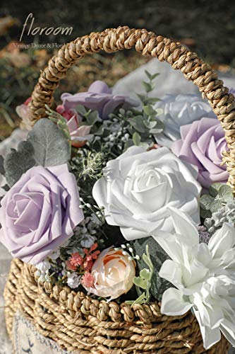 Artificial Flowers 50pcs Real Looking Lilac Foam Fake Roses with Stems for DIY Wedding Bouquets Baby Shower Centerpieces Floral Arrangements Party Tables Home Decorations (50 Count)