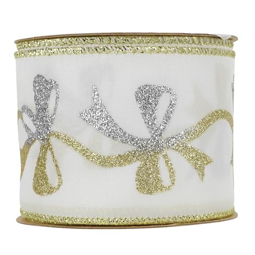 Gold and Silver Christmas Ribbon 2.5 Inch White Satin Ribbons with Gold and Silver Glittery Bows Pattern 10 Yards Christmas Wired Ribbon for Tree (30 Foot)