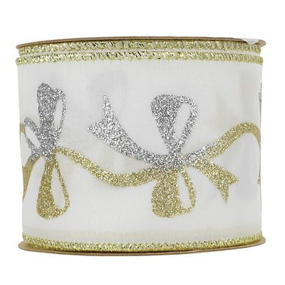 Gold and Silver Christmas Ribbon 2.5 Inch White Satin Ribbons with Gold and Silver Glittery Bows Pattern 10 Yards Christmas Wired Ribbon for Tree (30 Foot)
