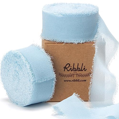 Baby Blue Chiffon Ribbon 1 Inch x 20 Yard Handmade Fringe Chiffon Silk Ribbon Blue Ribbon for Gifts Wrapping (60 Foot)