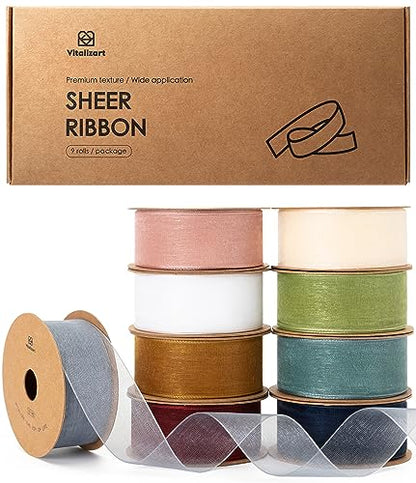 1" x 90Yd Organza Ribbon Mixed Color Sheer Ribbons Set 10 Yd x 9 Rolls Handmade for Gift Wrapping Christmas Tree Crafts Bows Wedding Invitations Wreaths Wrap (270 Foot)