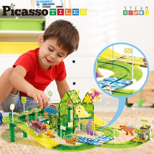 Dinosaur Magnetic Tiles Racecar Track with 8 Magnet Tile Dino Toys 2 Cars Street Sign Accessory Kit Construction Building Blocks Educational Picasso Toy for Kids Ages 3 and up PTR02 (89 Count)