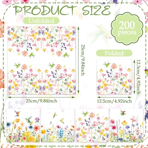 200 Pcs Pastel Wildflower Cocktail Napkins Disposable 4 Style 5"