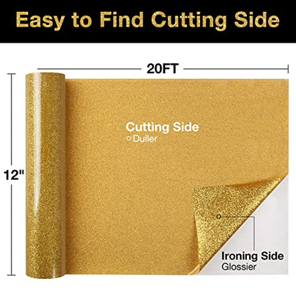 Gold Glitter HTV Heat Transfer Vinyl Roll 12 inch x 20 ft Sparkly Iron on Vinyl for T Shirts Crafts Bulk
