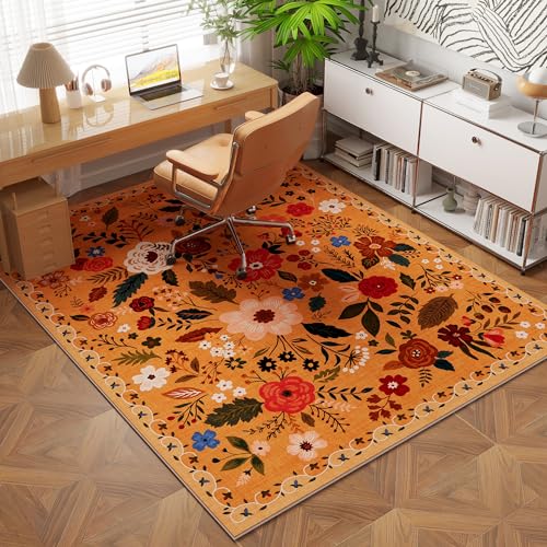 Area Rug 4x6 Rug Washable Boho Rugs Non Slip Low Pile Floral Small Carpet for Bedroom