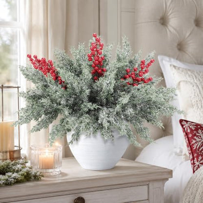 12 Pcs 16.5" Artificial Christmas Snow Pine Branches with Red Berry Stems (12 Count)