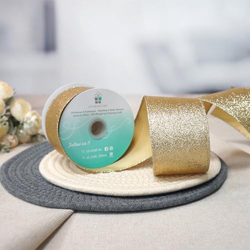 Glitter Wired Ribbon 2.5" x 10 Yards Light Gold for Christmas Home Decor Bow Gift Wrapping DIY Crafts Wreath (30 Foot)