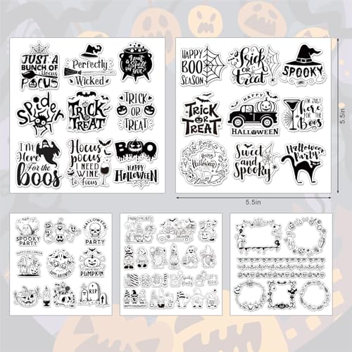 5 Sheets Halloween Clear Stamps Gnome Pumpkin Spider Silicone Transparent Stamps Trick or Treat Border Stamp Cards for DIY Card Making Scrapbooking Embossing Album Decor (5 Count)
