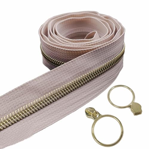 5 Gold Metallic Nylon Coil Zippers by The Yard Bulk 10 Yards Beige Zipper Tape with 25pcs Gold Ring Pull Sliders for DIY Sewing Tailor Craft Bag (25 Count)
