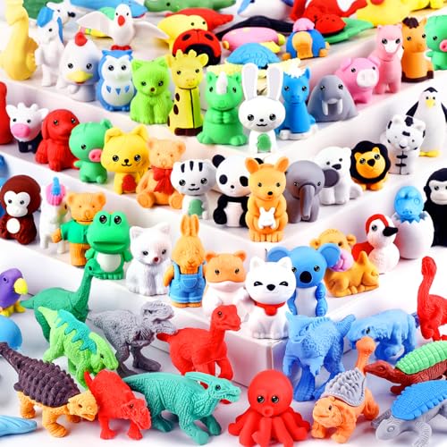 80Pcs Animal Erasers Kids Desk Pets Pencil Erasers 3D Puzzle Eraser Bulk Fun Cute Mini Animal Eraser Toys for Classroom Rewards (80 Count)