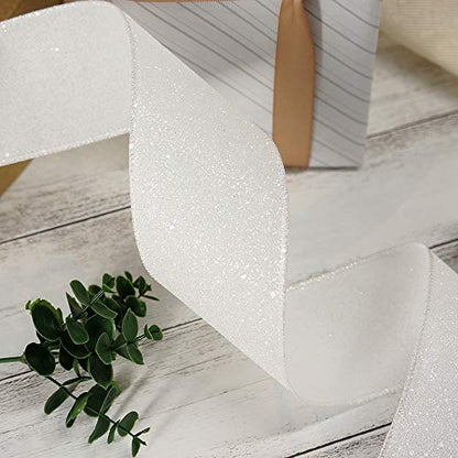 Glitter Wired Ribbon 2.5" x 10 Yards White for Christmas Home Decor Bow Gift Wrapping DIY Crafts Wreath (30 Foot)