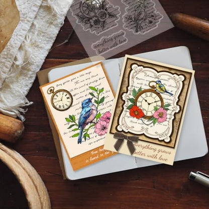 Vintage Clear Stamps for Card Making Flower and Bird Text Clear Stamps Retro Clock Clear Stamps for Scrapbooking Wish Words Rubber Transparent Seal Stamps for DIY Photo Album Crafting