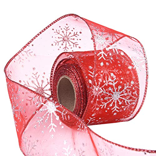 2.5 Inch Wide Christmas Wired Ribbon Snowflake Organza Sheer Glitter Ribbon for Xmas Tree (32.7 Foot)