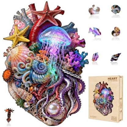 Sea Ocean Heart Puzzles Fantasy Jellyfish Octopus Coral Puzzle Adults Gifts for Women Men Wooden 235 Pieces 15.4 * 10.7in
