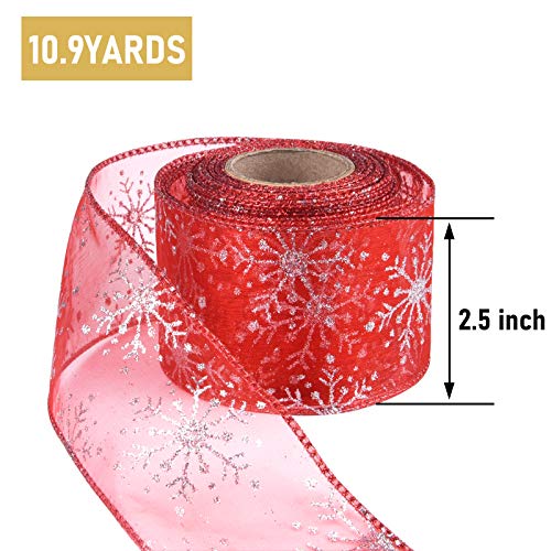 2.5 Inch Wide Christmas Wired Ribbon Snowflake Organza Sheer Glitter Ribbon for Xmas Tree (32.7 Foot)