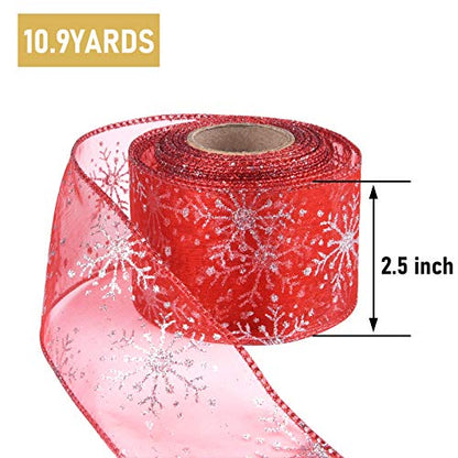 2.5 Inch Wide Christmas Wired Ribbon Snowflake Organza Sheer Glitter Ribbon for Xmas Tree (32.7 Foot)