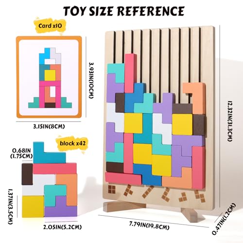 Wooden Russian Blocks Puzzle Brain Teasers Toy Tangram Jigsaw Puzzle Intelligence Colorful 3D STEM Montessori Educational Gift for Boys and Girls (54 Count)