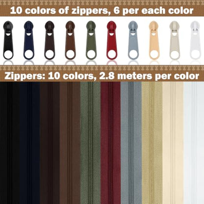 31 Yards 10 Pieces Sewing Zippers #3 Nylon Coil Zippers Assorted Zipper for Sewing with 40 Zipper Sliders for DIY Tailor Sewing Crafts Supplies (10 Count)