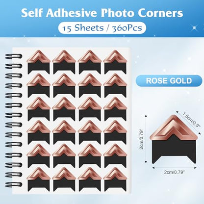 15 Sheets 360 PCS Rose Gold Photo Corners Notebook