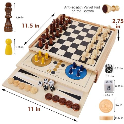 7-in-1 Wooden Board Game Set for Kids Adults, Tabletop Combo Classic Travel Portable Board Games (Chess, Checkers, Chinese Checkers, Backgammon, Parcheesi, Snakes and Ladders, Tic Tac Toe)