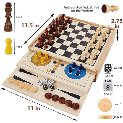 7-in-1 Wooden Board Game Set for Kids Adults, Tabletop Combo Classic Travel Portable Board Games (Chess, Checkers, Chinese Checkers, Backgammon, Parcheesi, Snakes and Ladders, Tic Tac Toe)