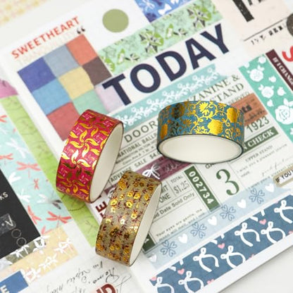 12 Rolls Charming Washi Tape Set Gold Silver Foil Detailing Arts Adhesive Tapes Basic Patterns Decorative Masking Tape Sets for Craft (12 Count)