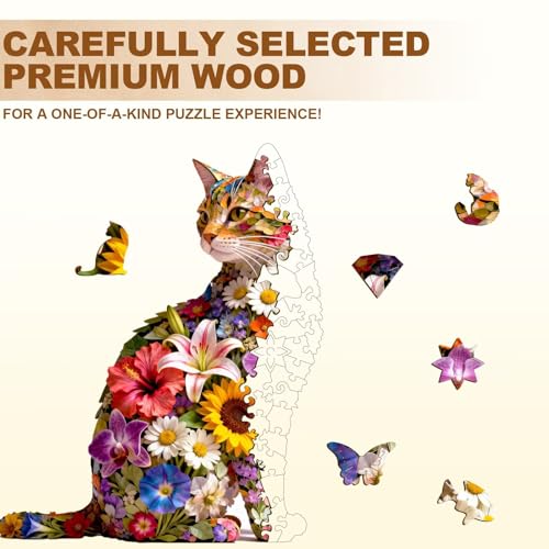 Floral cat Puzzles Adults Gifts Wooden 65 Pieces 8.5 * 6.9in (65 Count)