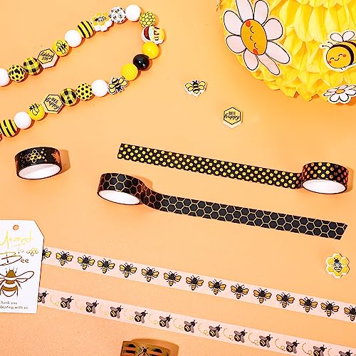 12 Rolls Bee Washi Tape Summer Honey Bee Honeycomb Foil Gold Black Washi Masking Tape Bumblebee Daisy Dots Adhesive Masking Tapes for Scrapbook Gift Wrapping DIY Art Crafts (118.1 Foot)