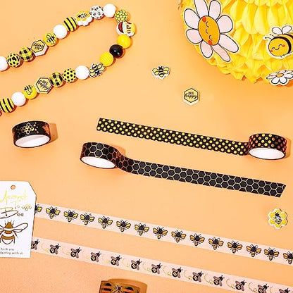 12 Rolls Bee Washi Tape Summer Honey Bee Honeycomb Foil Gold Black Washi Masking Tape Bumblebee Daisy Dots Adhesive Masking Tapes for Scrapbook Gift Wrapping DIY Art Crafts (118.1 Foot)