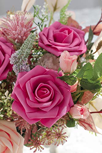 Artificial Flowers 50pcs Real Looking Hot Pink Foam Fake Roses with Stems for DIY Wedding Bouquets Baby Shower Centerpieces Floral Arrangements Party Tables Home Decorations (50 Count)