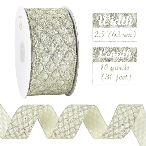 Glitter Champagne Wired Christmas Ribbon 2.5 inch x 10 Yards (30 Foot)