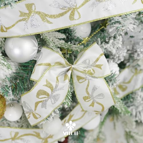 Gold and Silver Christmas Ribbon 2.5 Inch White Satin Ribbons with Gold and Silver Glittery Bows Pattern 10 Yards Christmas Wired Ribbon for Tree (30 Foot)