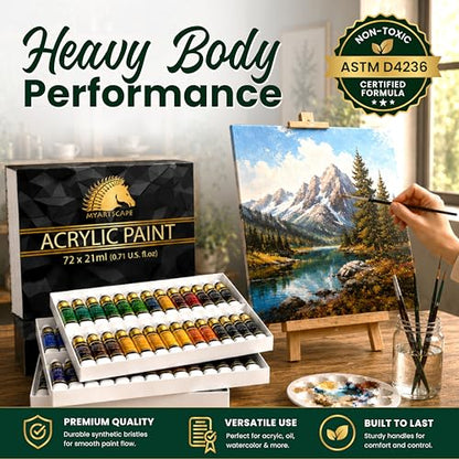 72 x 21ml Heavy Body Acrylic Paint Set with 3 Brushes (51.1268 Fl Oz)
