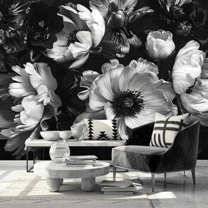 Black Peony Floral Wallpaper Vintage Large Flower wall murals for Bedroom 114"x74"
