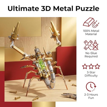 Steampunk Mechanical Scorpion Insect 3D Metal Puzzle 140+ Parts No Glue Screw Assembly DIY Hobby Birthday for Adults Teens 14+ (100 Count)