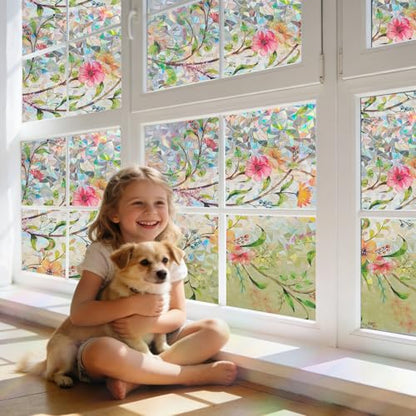 Stained Glass Window Film Rainbow Floral Static Cling Window Film Flower Window Privacy Film No Glue Decorative Window Cling UV Blocking Heat Control Glass Windows Stickers