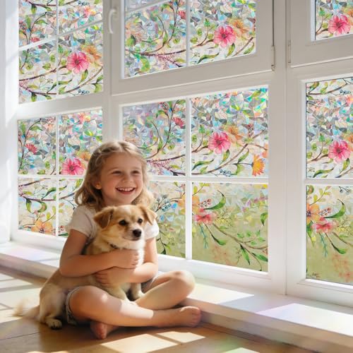 Stained Glass Window Film Rainbow Floral Static Cling Window Film Flower Window Privacy Film No Glue Decorative Window Cling UV Blocking Heat Control Glass Windows Stickers