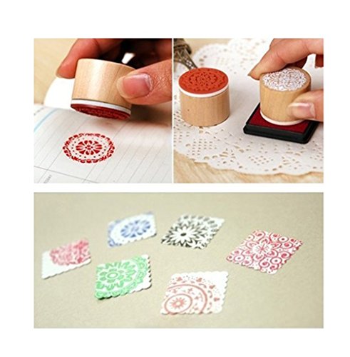 6 Pieces Floral Pattern Round Wooden Rubber Stamp for Scrapbooking (6 Count)